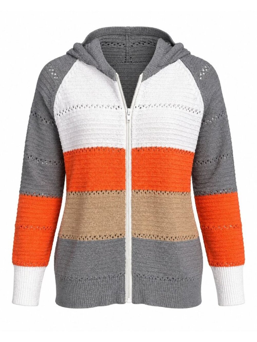 Color Block Med Striped Gray Orange Tan Pointelle Knit Zip Fall Hoodie Cardigan